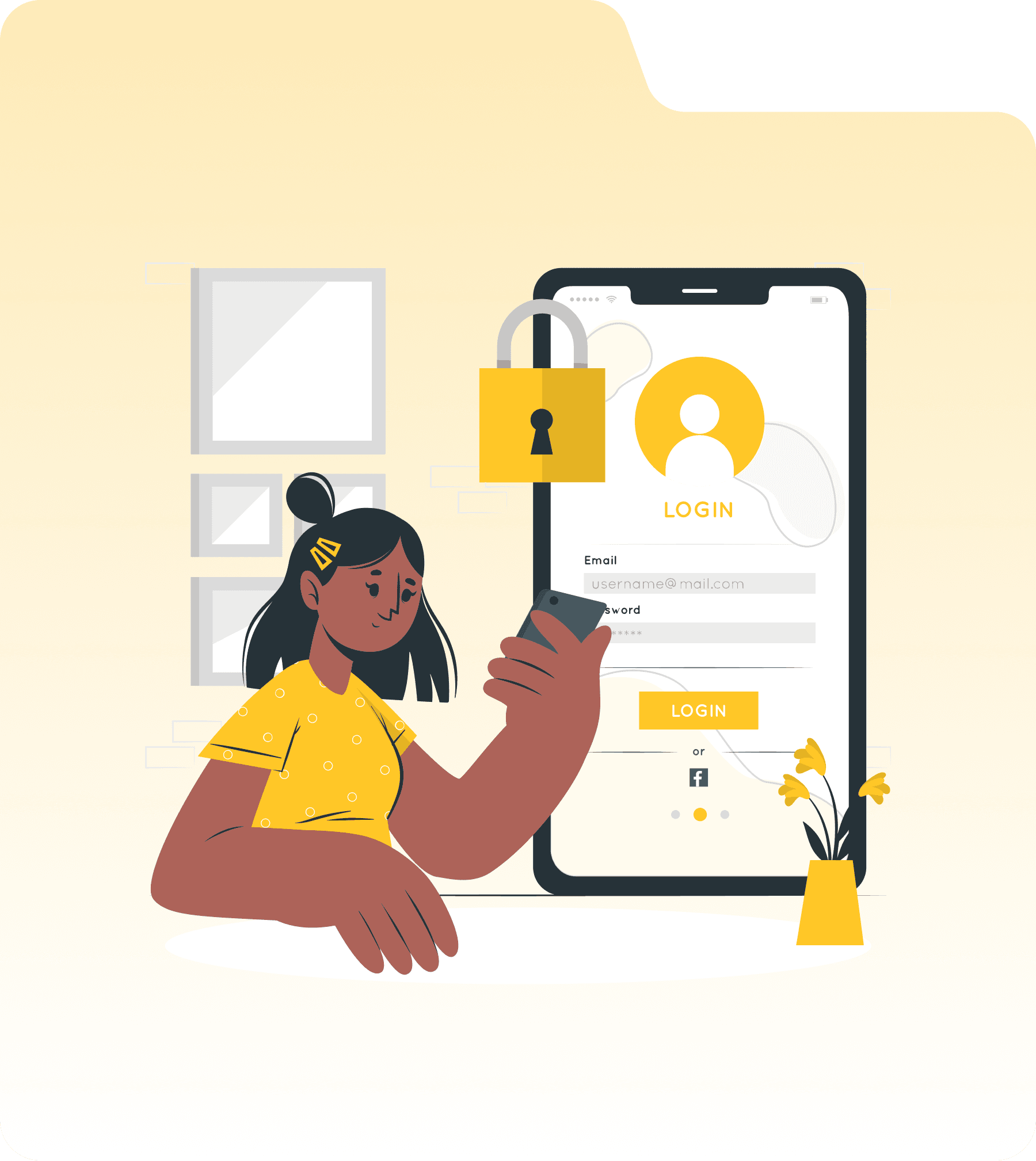 An illustrated seller signing in to the Growve dashboard on a phone