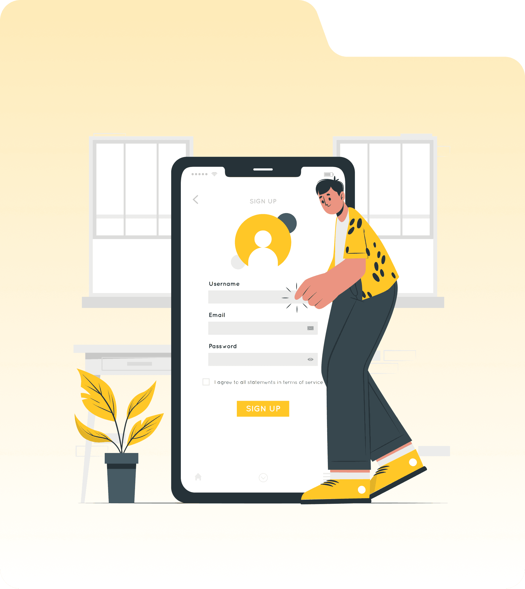 An illustrated seller creating a Growve account on a phone