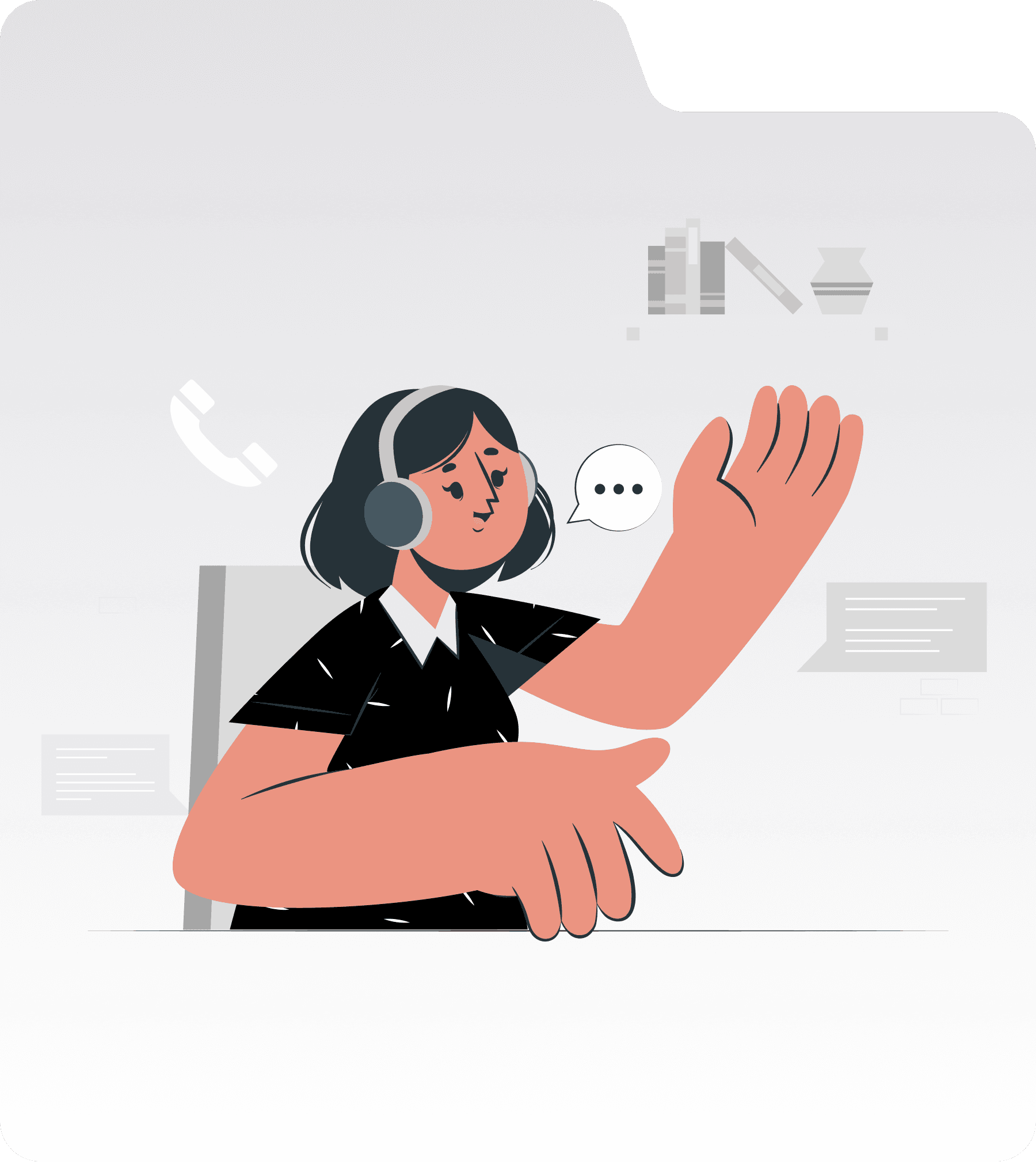 An illustrated support agent waving beside a chat window