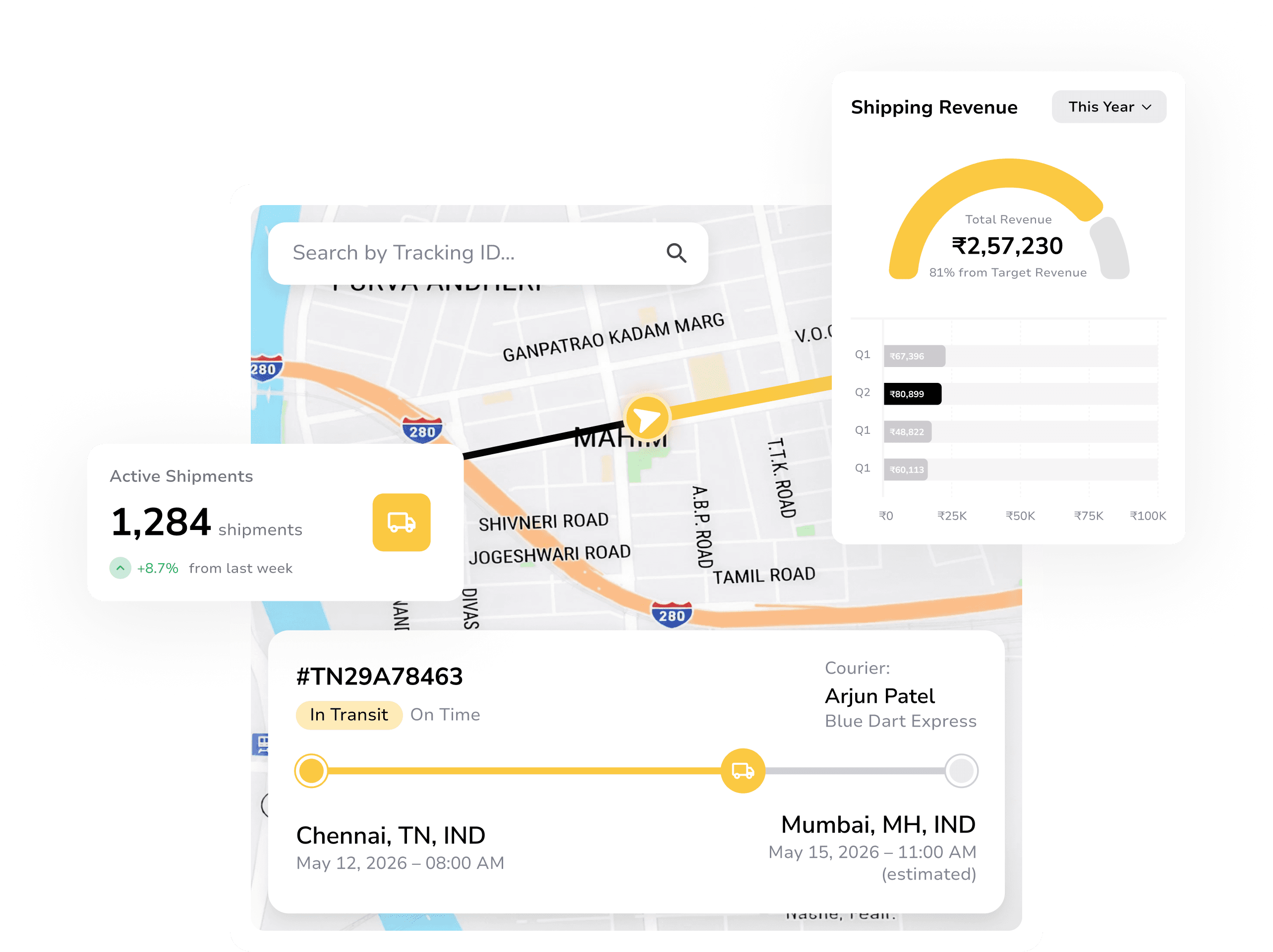 Live shipment tracking map with active shipment details and shipping revenue dashboard