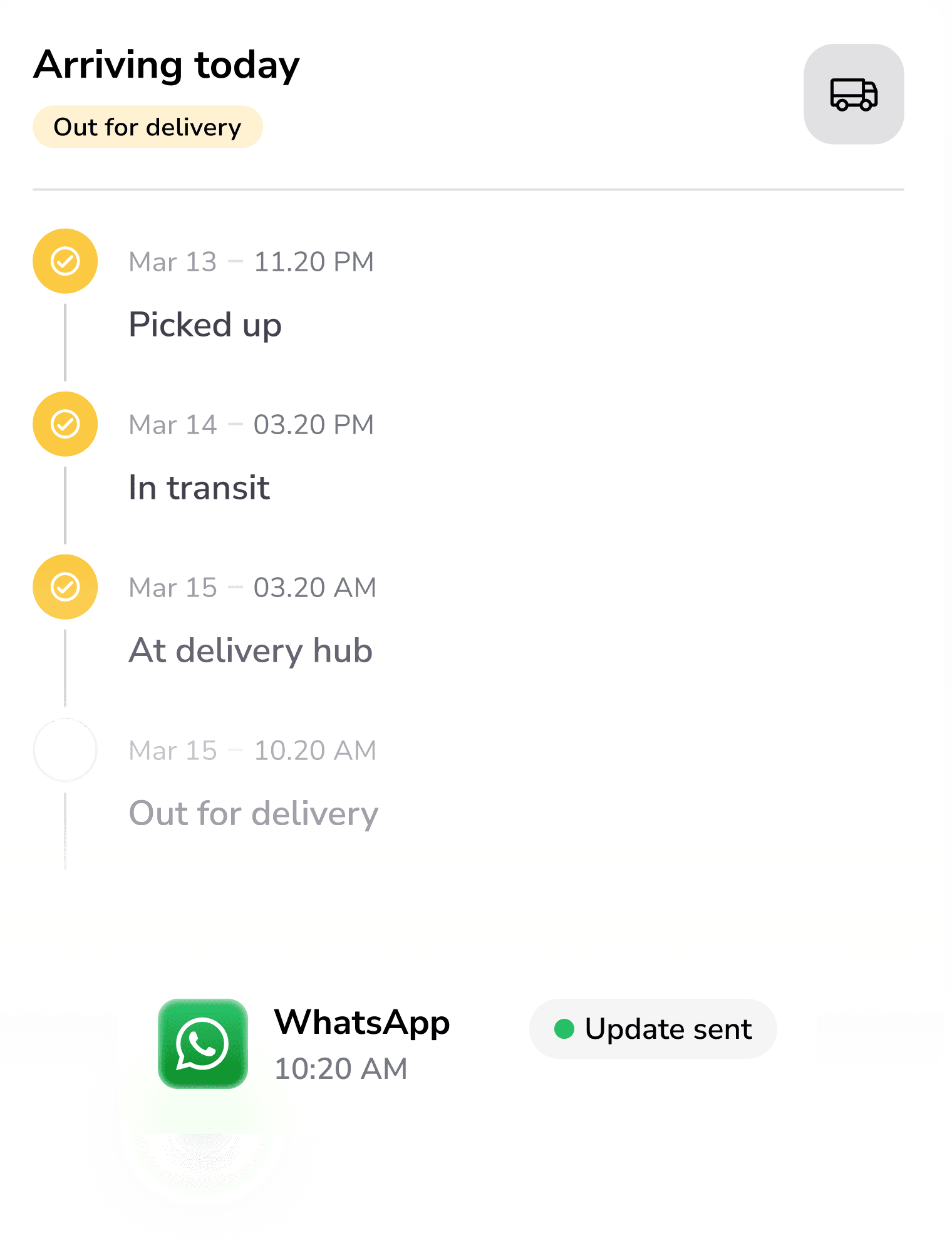Branded tracking page showing a shipment's progress with proactive WhatsApp updates