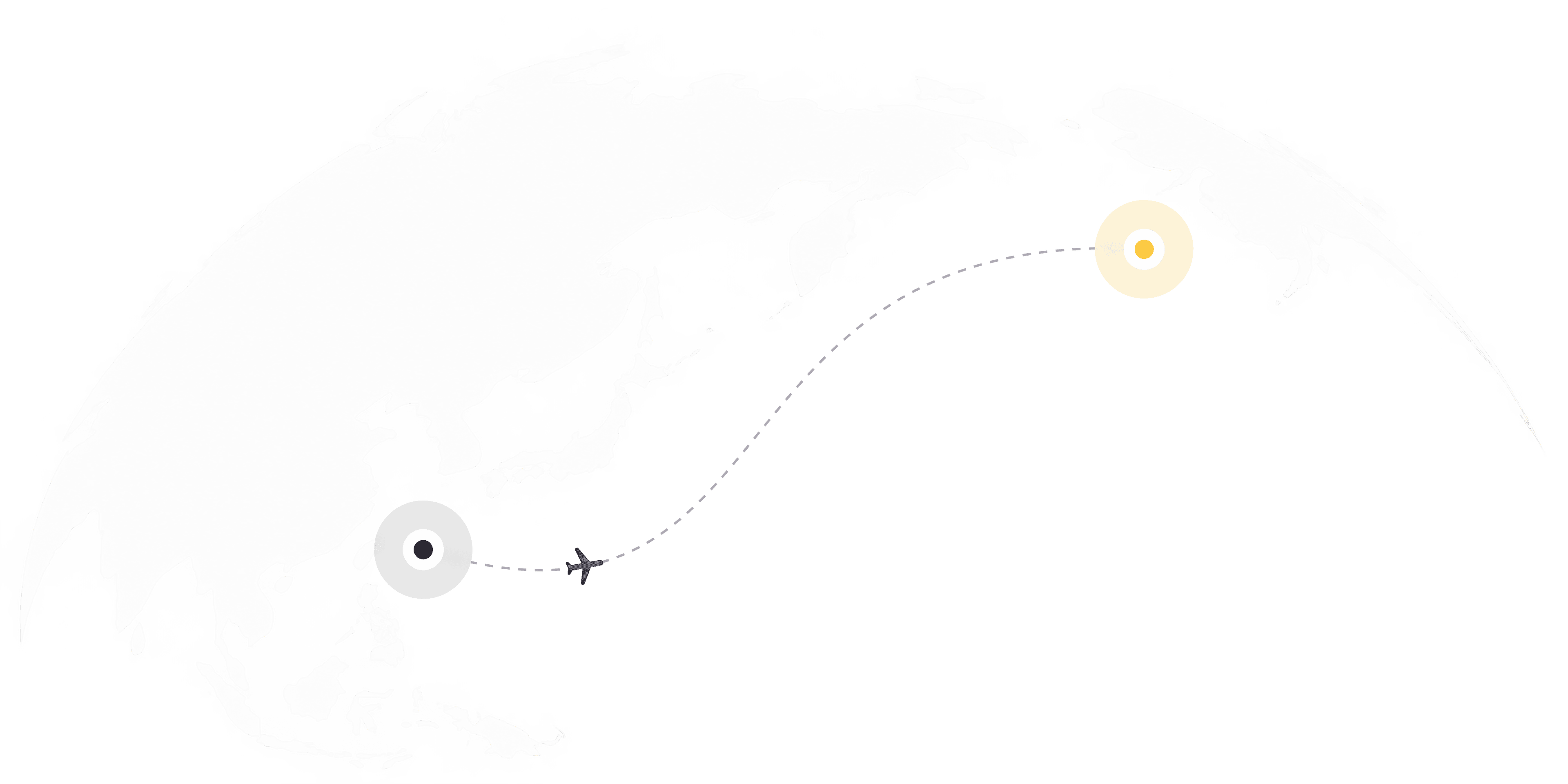 A flight path arcing across a stylised globe between two marked hubs