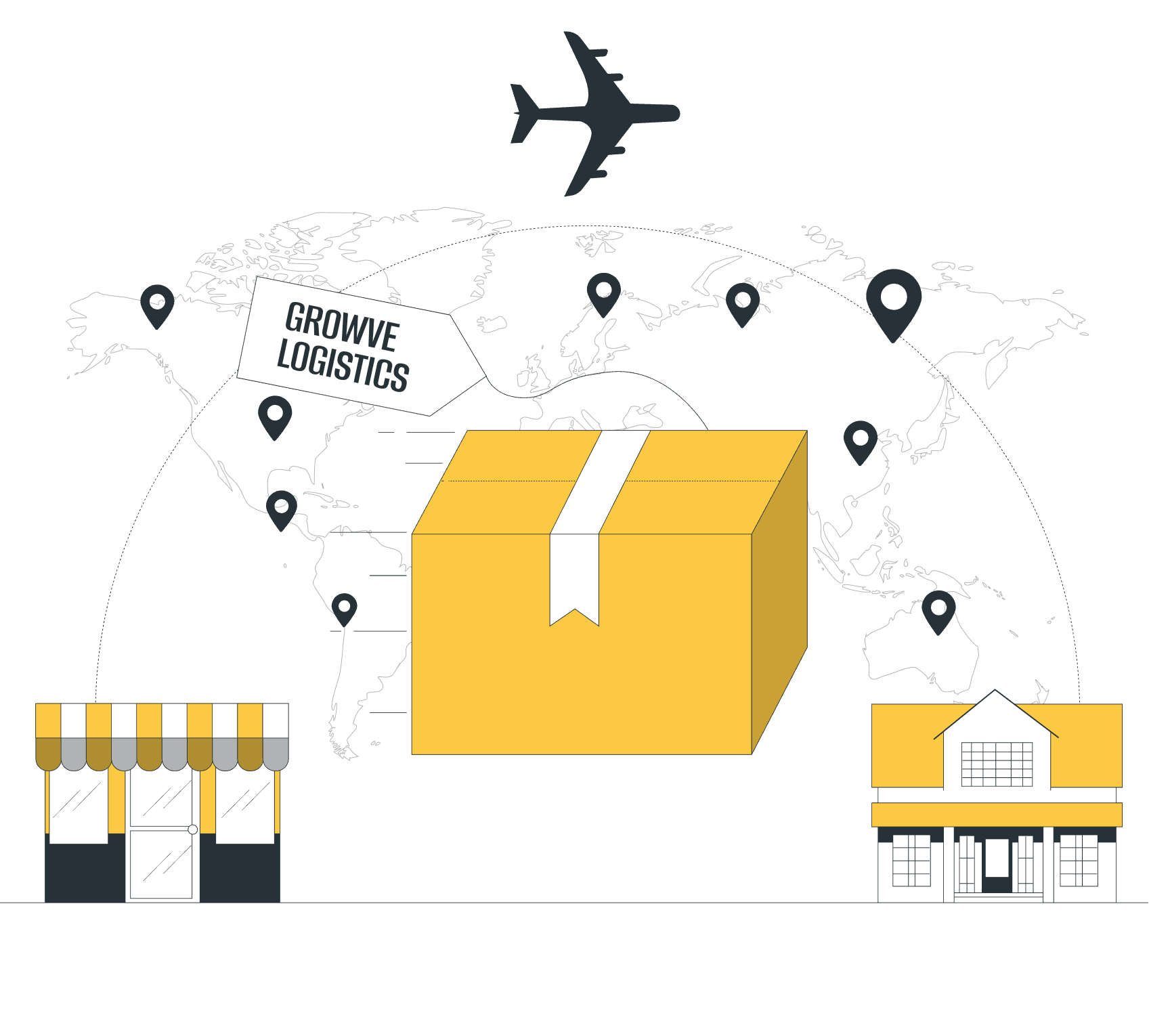 A Growve Logistics parcel travelling between a storefront and a home, over a world map