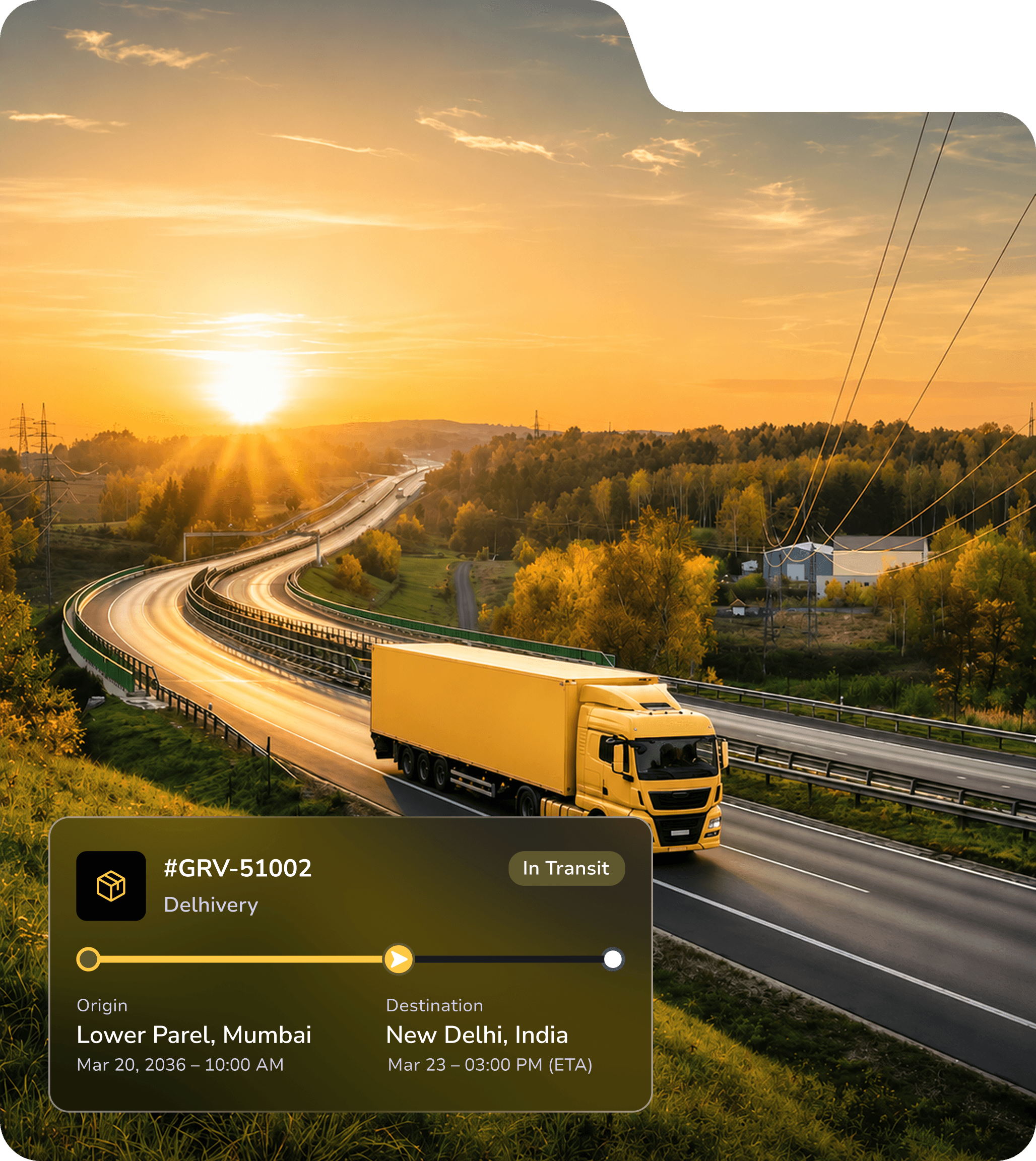 Delivery van on a highway with a live tracking status card