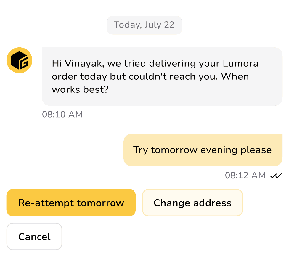 WhatsApp thread offering the buyer one-tap options to re-attempt tomorrow or change address