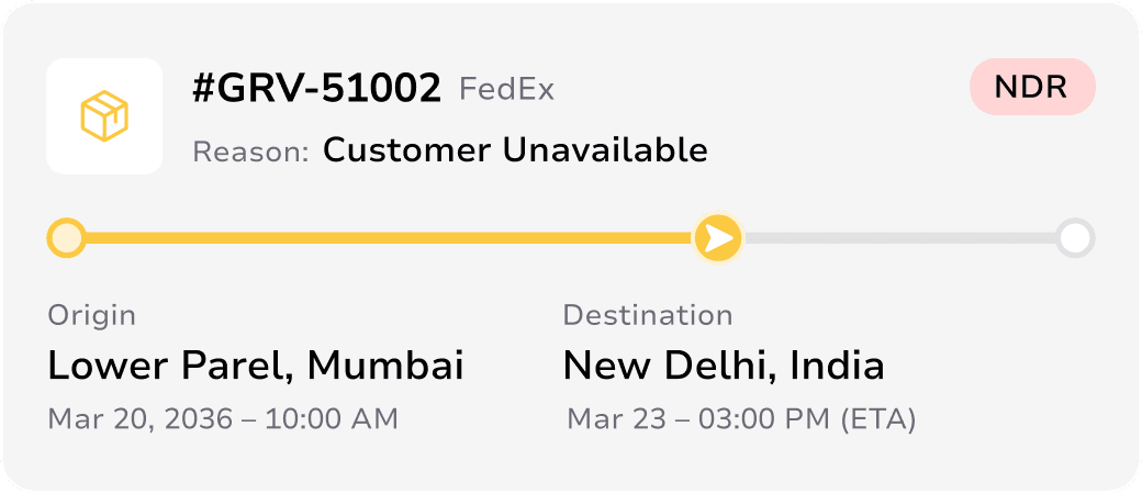 Shipment card flagged NDR with the reason normalised to Customer Unavailable