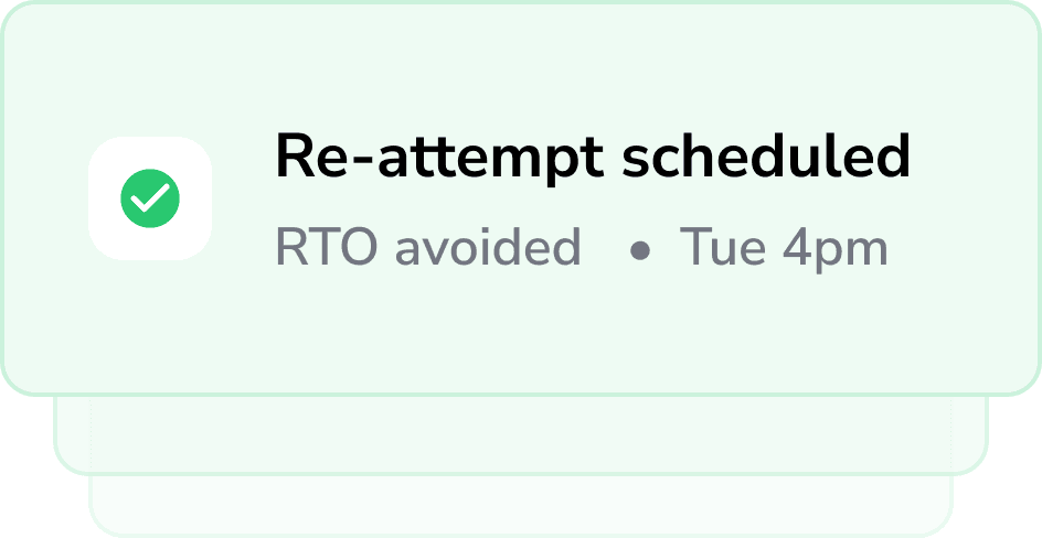 Confirmation card reading Re-attempt scheduled, RTO avoided, Tue 4pm