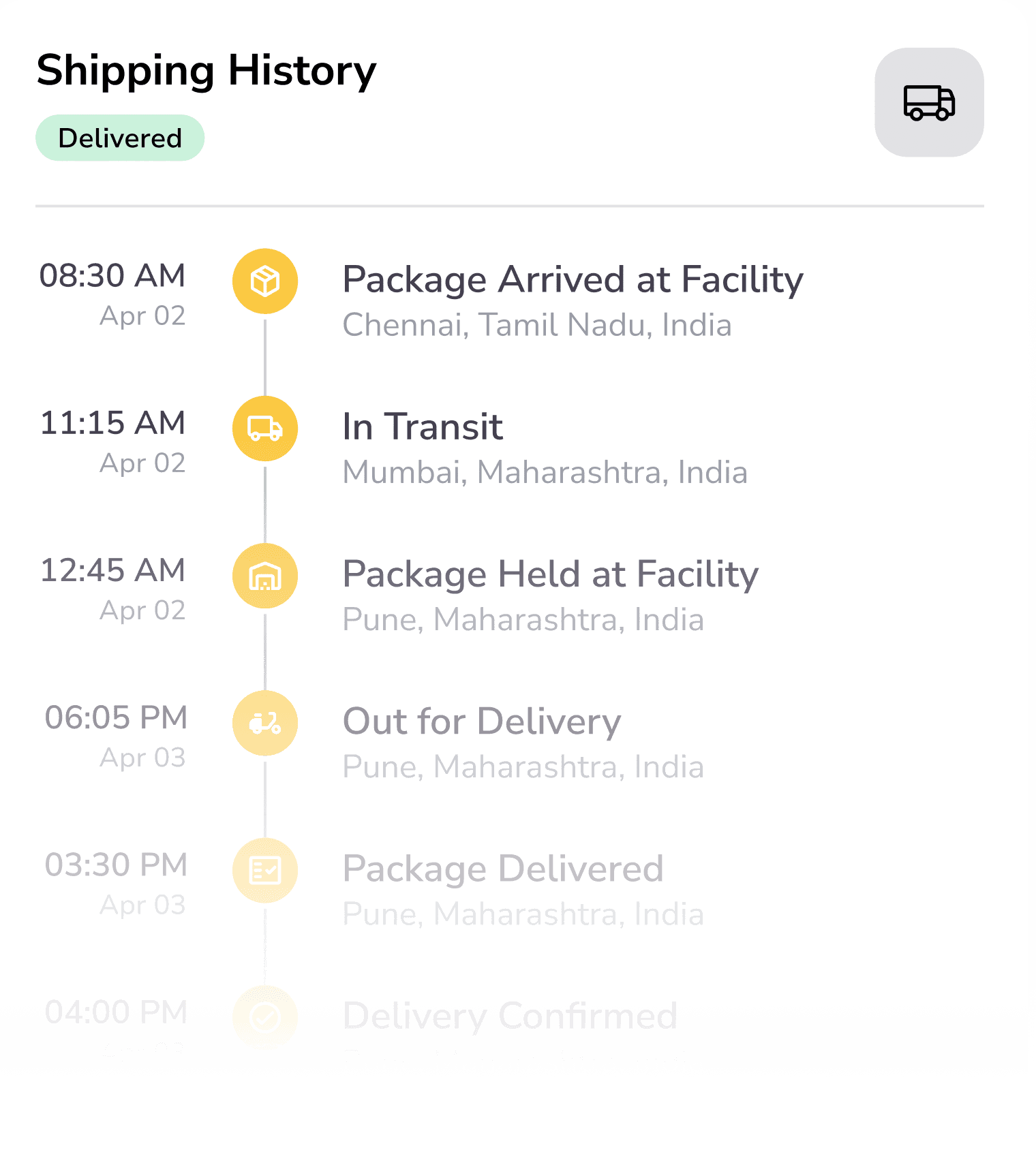Branded shipping-history card tracing a parcel from facility arrival through to delivery confirmation