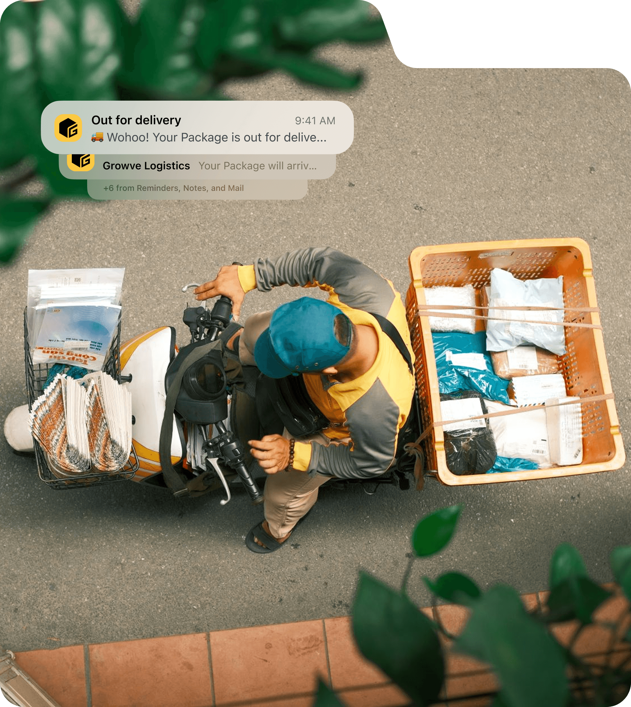 Delivery rider loading parcels from a crate, with a live out-for-delivery notification