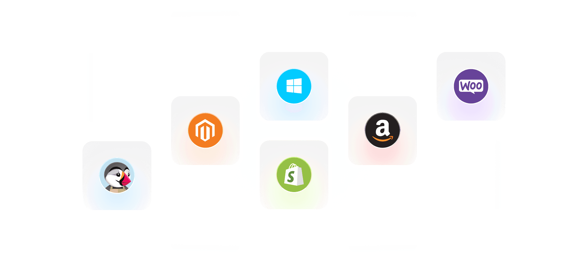 Storefront platform logos — Amazon, Magento, Shopify and more — arranged in a glowing grid