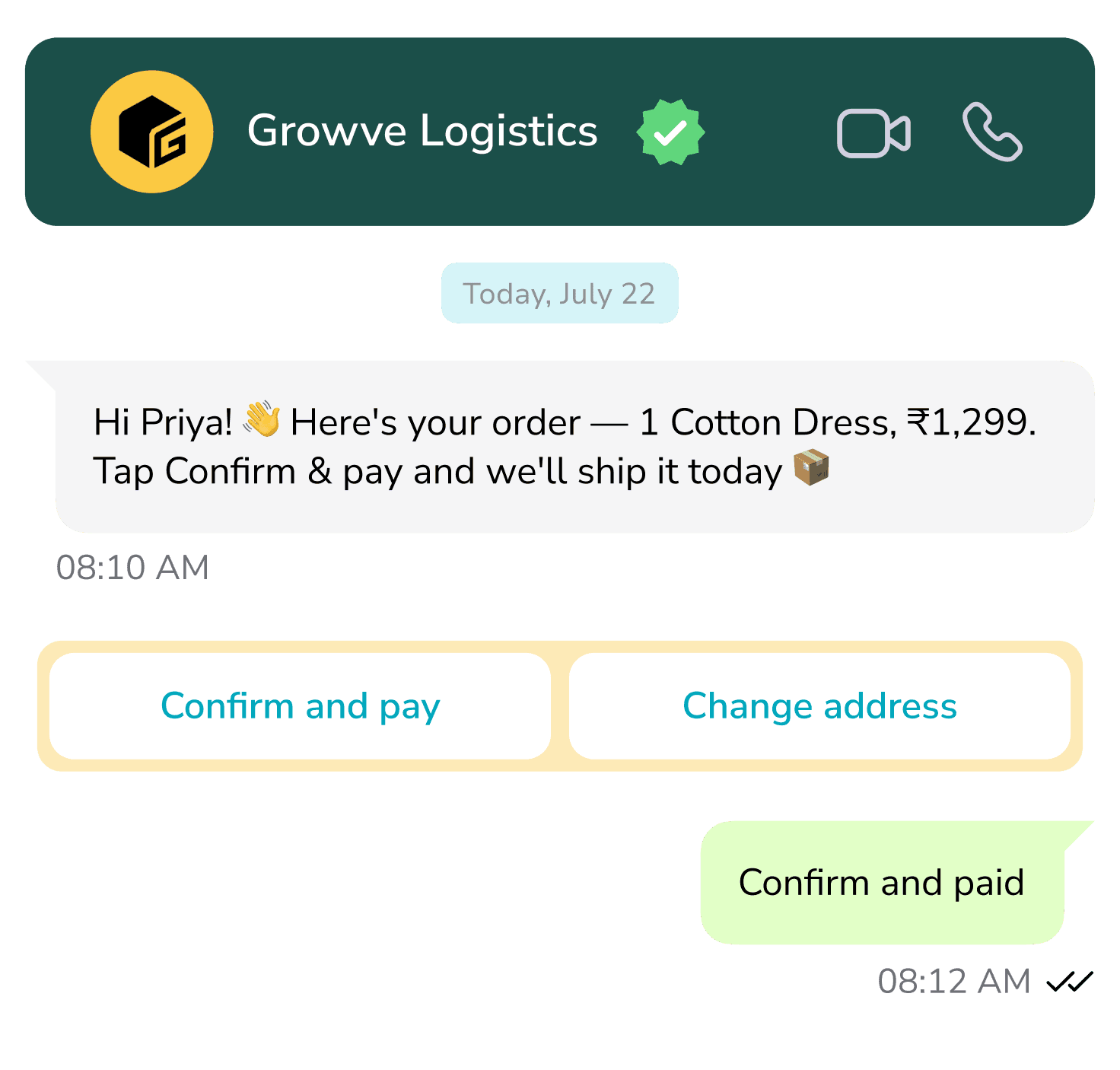 WhatsApp chat where a buyer confirms and pays for an order without leaving the conversation